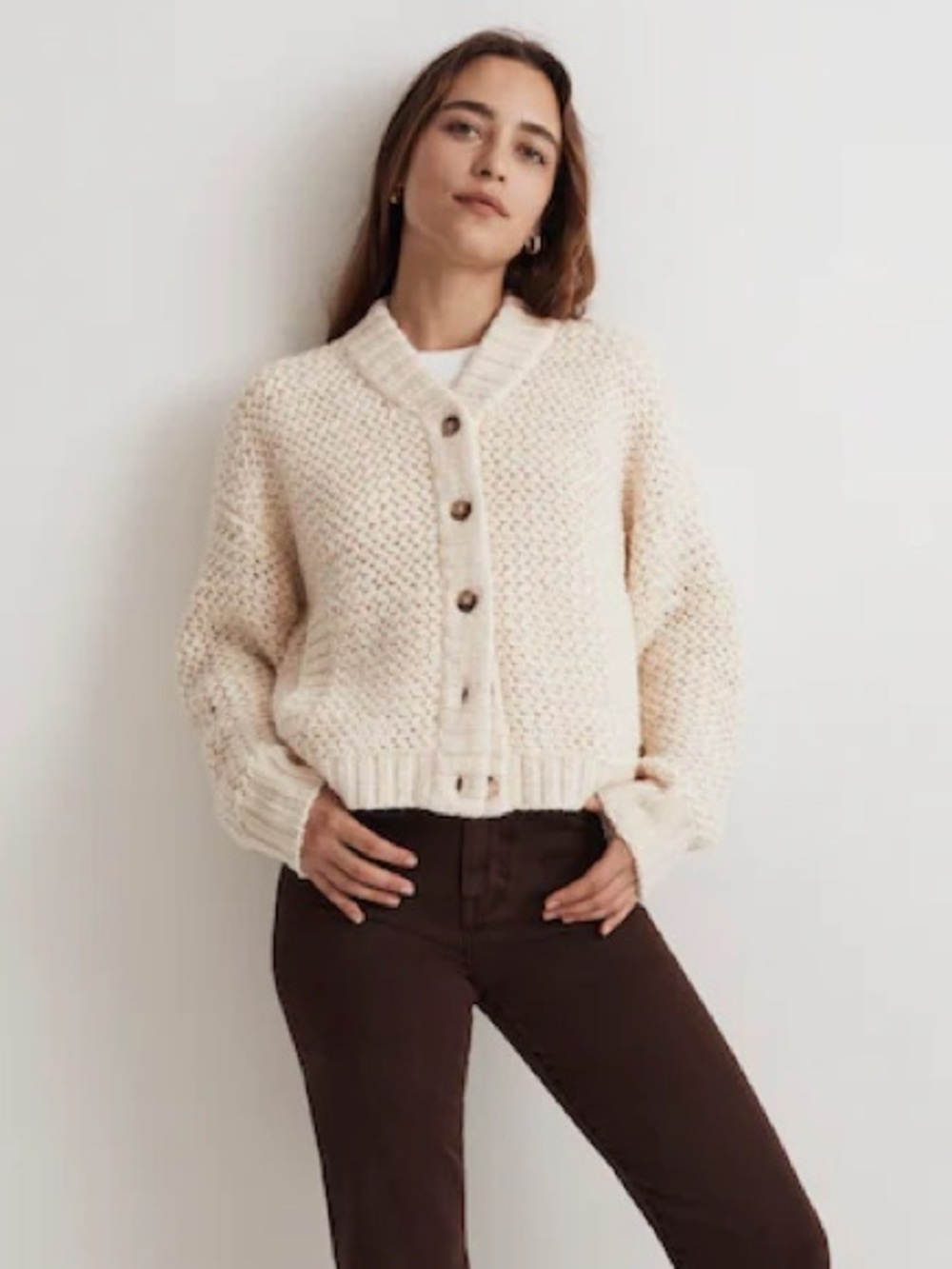 Madewell Cream Chunky Knit Bomber Cardigan Wool Blend Size S